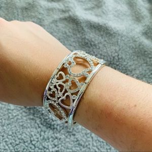 Heart crystal cuff bracelet - silver plated